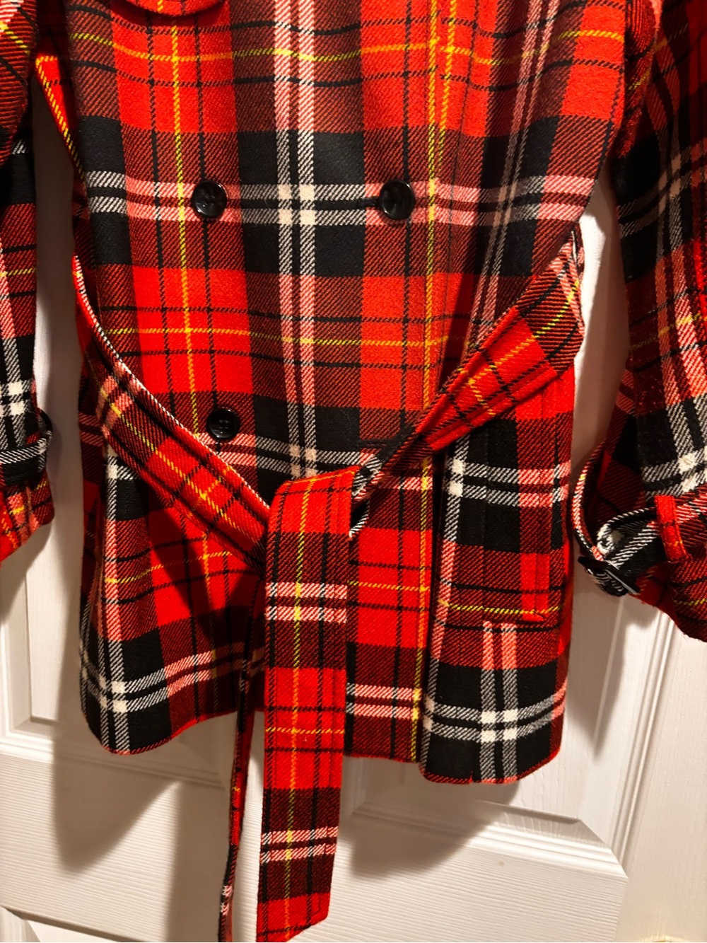 Evan Picone Red and Black Plaid Belted Trench - Picture 8 of 12